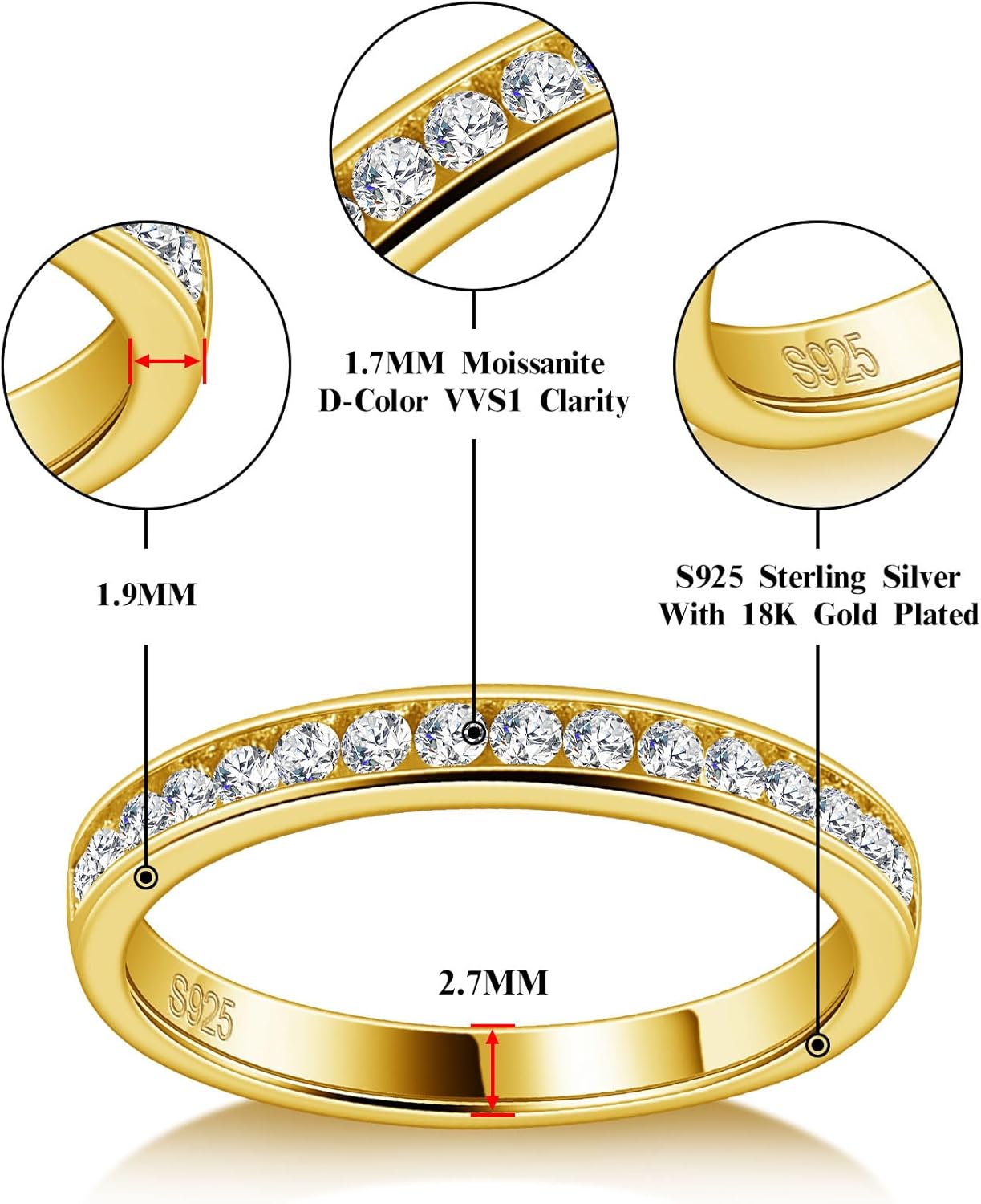 Moissanite Half Eternity Ring for Women 925 Sterling Silver Moissanite Wedding Band D Color VVS1 Round Cut Channel Set Anniversary Band Stackable Ring