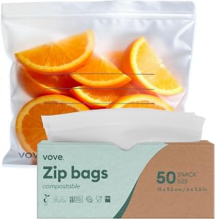 Vove Compostable Snack Bags, Small 50 Count – Freezer Safe, Leak Resistant, Non Toxic, Writable & Reusable Food Storage, Plastic-Free Eco Bags
