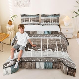 Fishing Quilt Queen Comforter Set - Colorful Vintage Patchwork Wood Bedding With Pole Design - Go Fish Duvet Insert, Angle Hook Accessories - Rustic Home Decor Gifts for Men