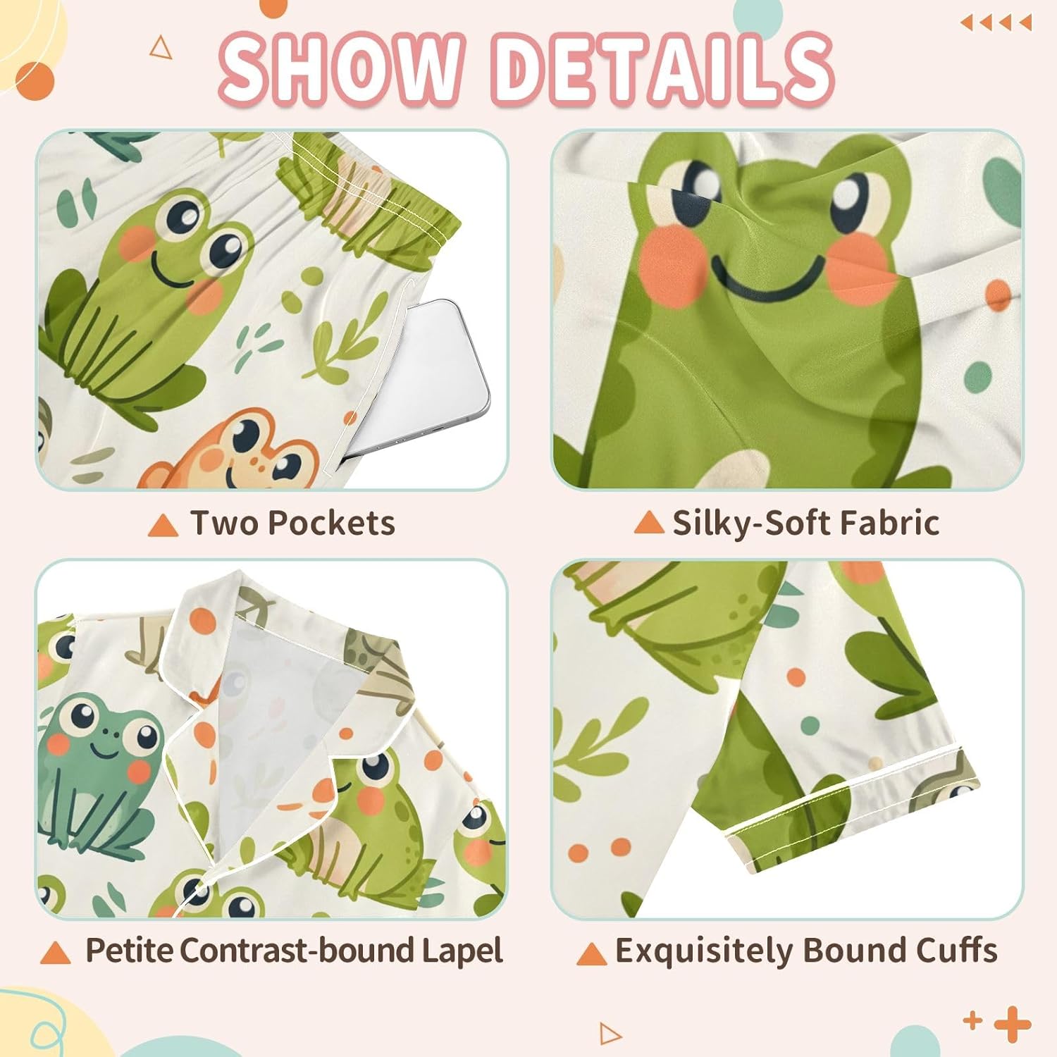 Kids Casual Satin Wear Set Pattern with Cute Smiling Frogs Unisex Short Sleeve Clothing for Relaxing