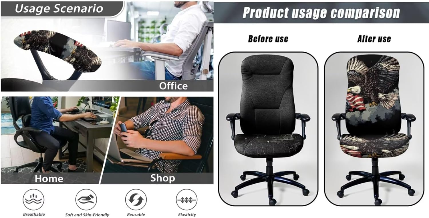 3 Pack Office Chair Cover with Armrest Covers Computer Chair Covers Soft American Eagle Flag Gaming Chair Seat Cover 4th of July Decorations Large