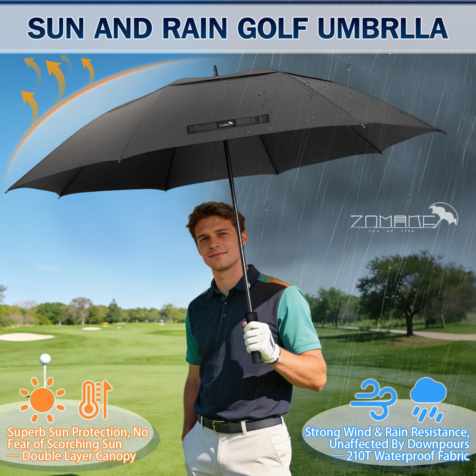 ZOMAKE Parapluie de Golf Extra Large,80 Pouces Grande Taille Ombrelle Resistant au Tempete,Double Canopée Golf Umbrella Solide pour Hommes et Femmes