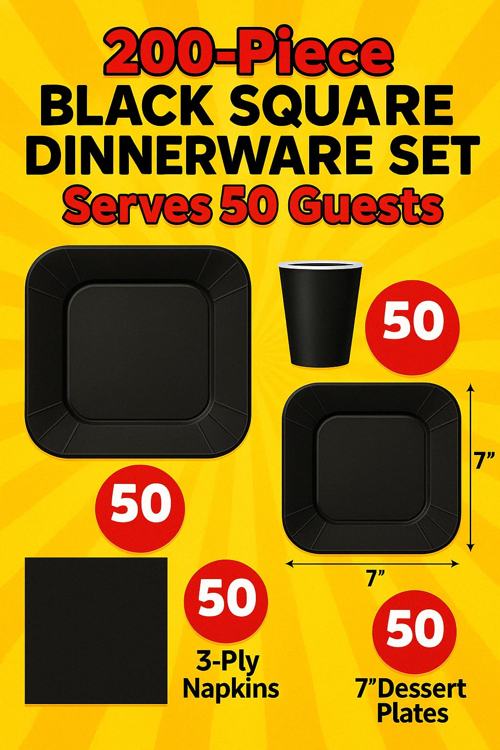 Serviert 50 komplette Party-Pappteller, quadratisch, 22,9 cm, quadratische Pappteller, 17,8 cm, Dessert-Pappteller, 266 ml, 3-lagige Servietten