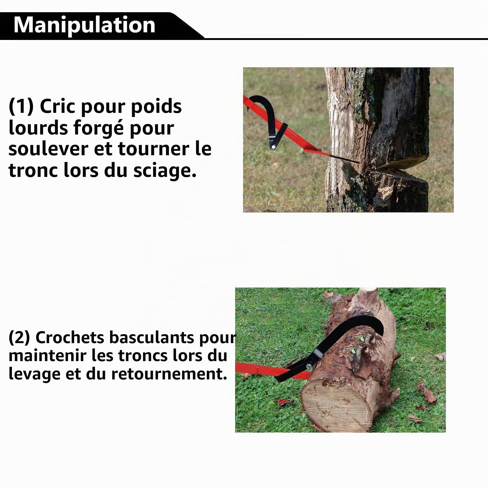 UISEBRT Levier d'abattage de 130 cm en acier à haute résistance avec crochet de retournement et poignée antidérapante en caoutchouc – Levier de tronc pour l'abattage d'arbres, charge maximale 250 kg
