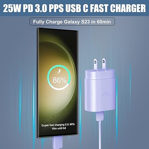 Miniatura 3 de Cargador súper rápido tipo C, cargador de pared USB C de 25 W, bloque de carga rápida y cable de 8 pies para Samsung Galaxy S24 UltraS24S24+S23