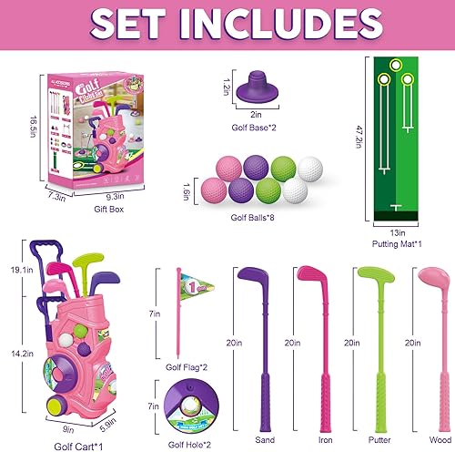 Miniatura 2 de Letapapa Juego de golf para niños pequeños con tapete de puting, 4 palos, 8 bolas, 2 agujeros de práctica para niños de 3 a 5 años, juguetes