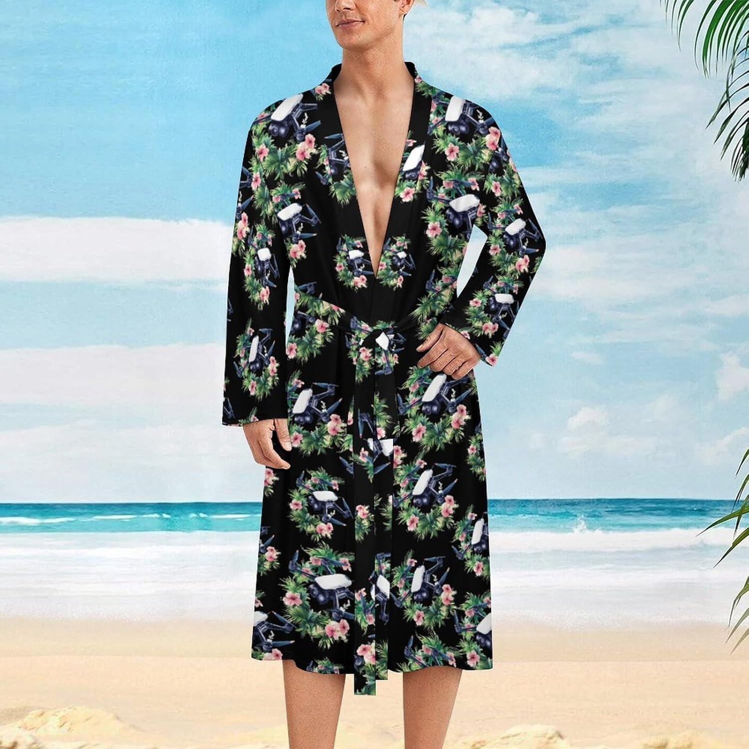 Unmanned Aerial Vehicle with Flower Mens Robe Long Bathrobe for Women Bath Robes Lightweight Soft Printed Sleepwear