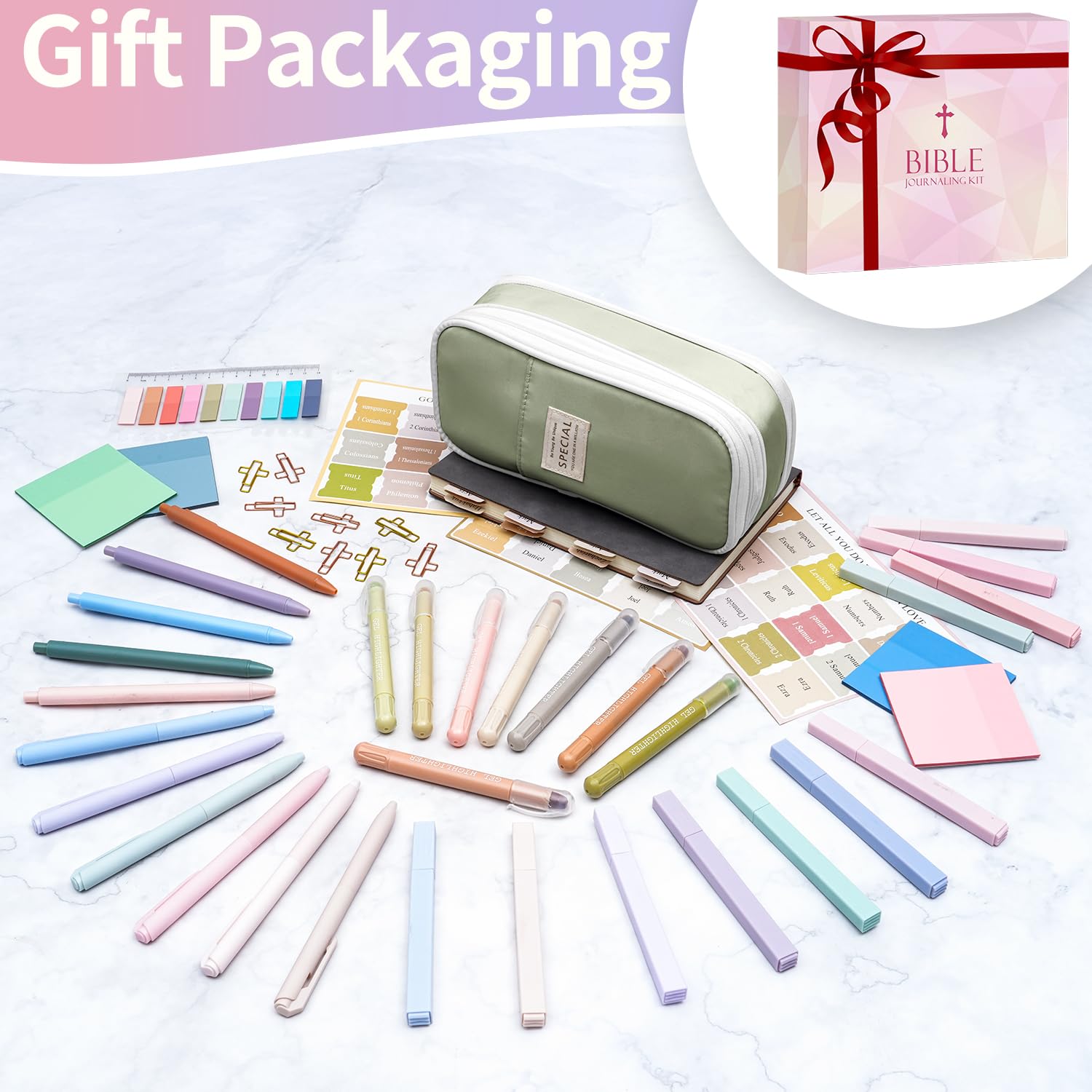 KOPKOFT Suministros de estudio bíblico, kit de diario bíblico para mujeres con diario, estuche para bolígrafos, pestañas, resaltadores y bolígrafos, kit de estudio bíblico para mujeres, regalos