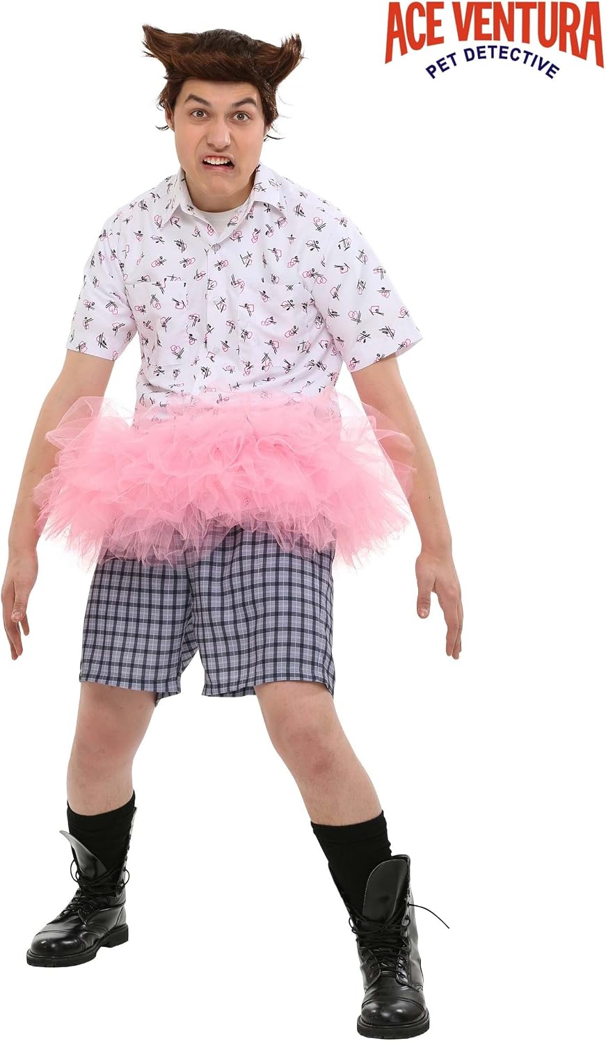 Ace Ventura Adult Pink Tutu Costume Mens, Wacky Classic Movie Halloween Outfit with Wig