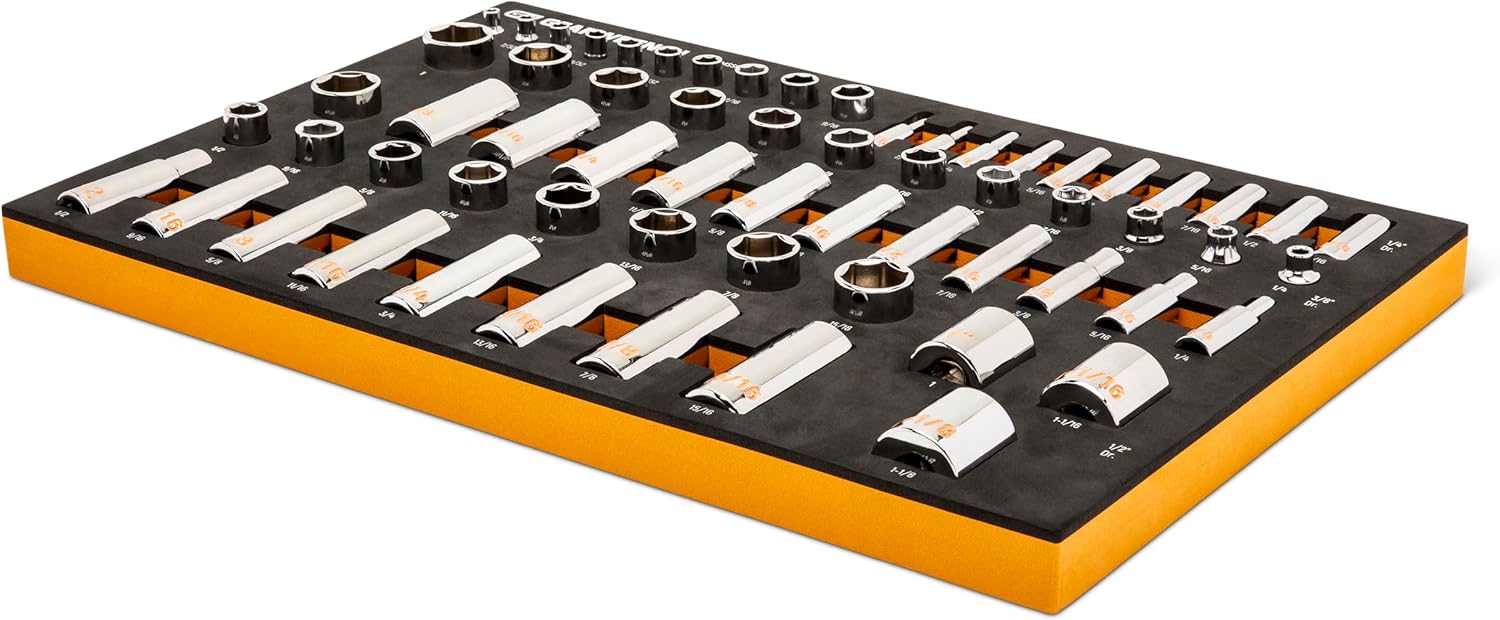 GEARWRENCH 63 Piece 1/4", 3/8" & 1/2" Drive Hi-Viz SAE Socket Set in Foam Tray | GWMSSKTHSAE
