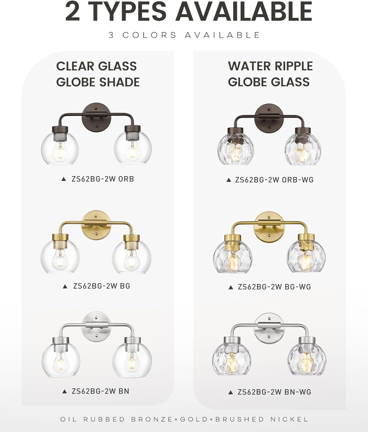 zeyu Globe Bathroom Vanity Light, 2-Light Vanity Light, Bathroom Lights Over Mirror with Water Ripple Globe Glass, Brushed Gold Finish, ZS62BG-2W BG-WG
