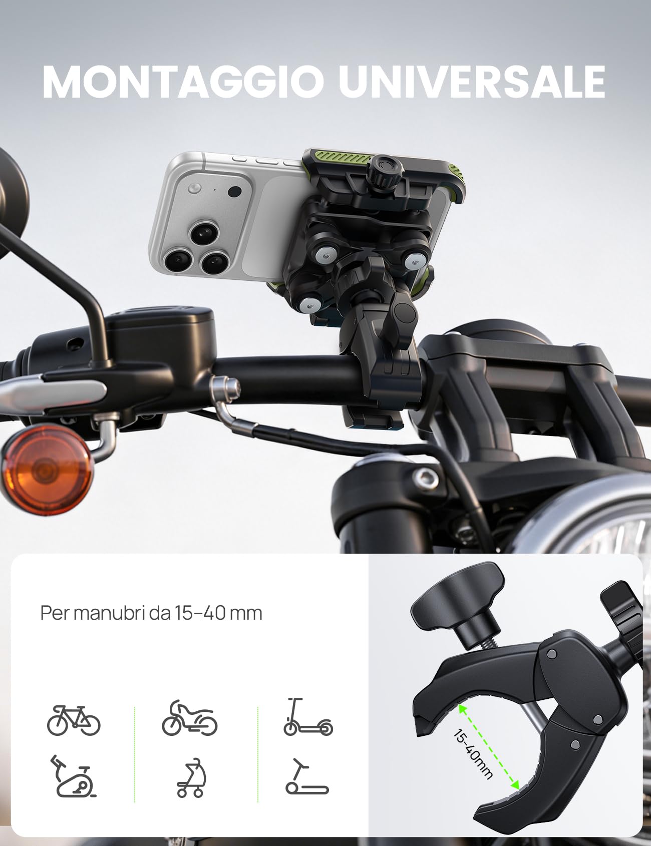 Lamicall Supporto Telefono Moto, Porta Telefono Bicicletta – [Non Copre Fotocamera] [Doppio Ammortizzatore] 1S Sblocco, 360° Rotazione, Porta Cellulare Manubrio per iPhone e Altri Smartphone de 6-7,2"