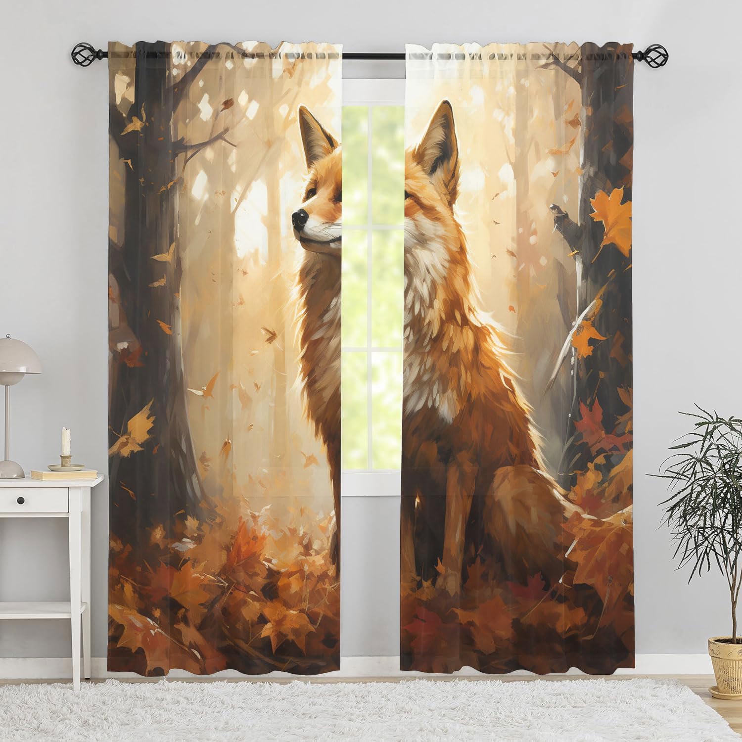 Fox Printed Window Treatment Curtains Wild Animal Autumn Forest Trees Maple Leaves Country Rustic Nature Semi Blackout Rod Pocket Curtain Set for Bedroom 84x84 Inch