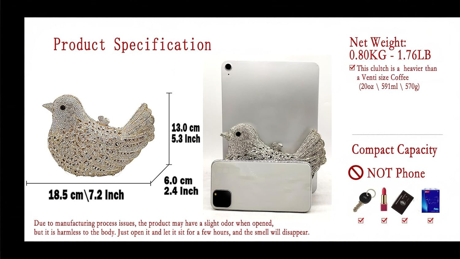 Boutique De FGG Bird Crystal Clutch Purses For Women Dressy Rhinestone Evening Bag Pigeon Prom Clutch Purse for Wedding,Mini - Image 3