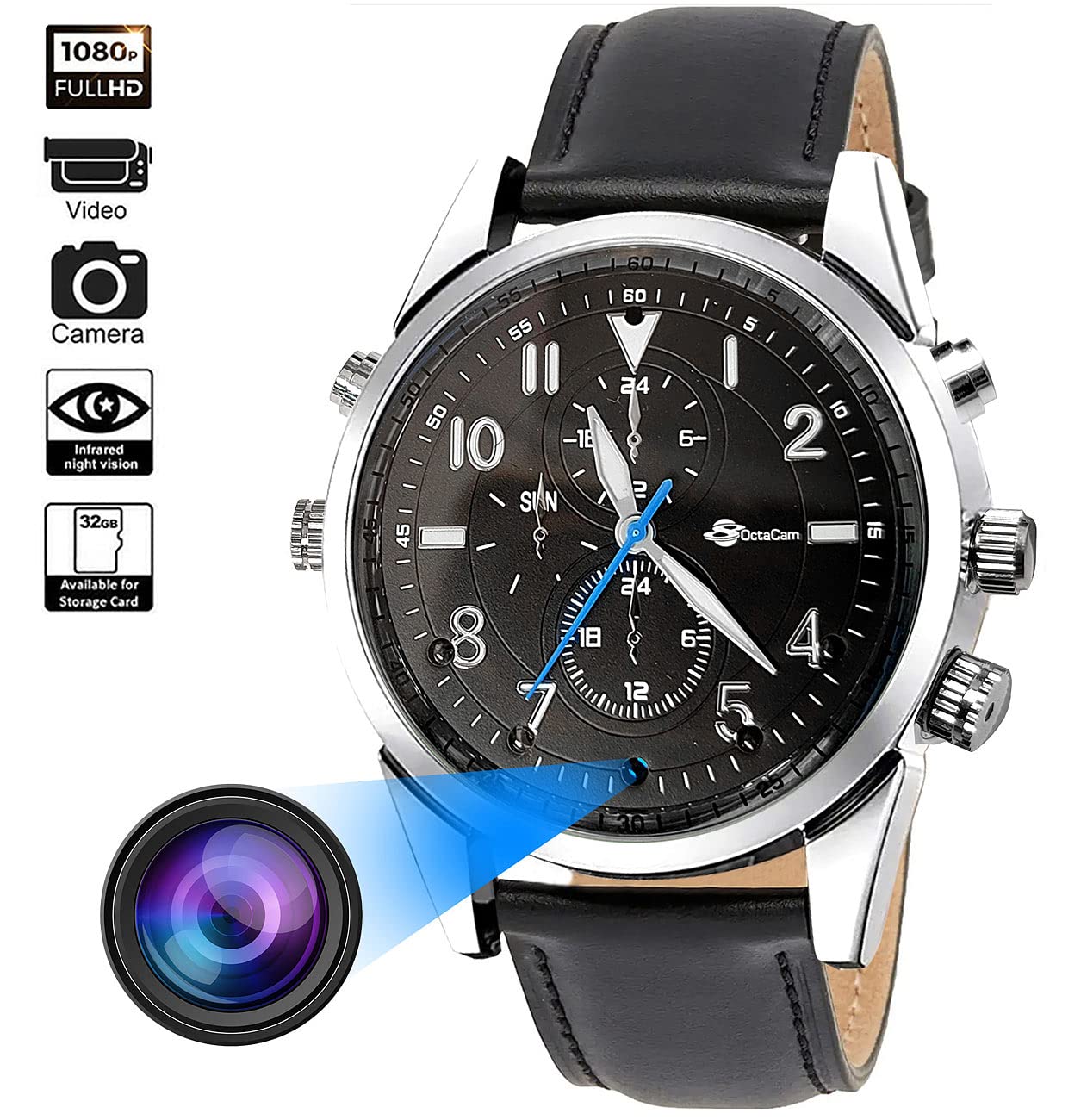 Mini caméra : Montre vidéo Full HD Vision Nocturne, Photos 4K, enregistreur Vocal, 32 Go (Montre d'appareil Photo)