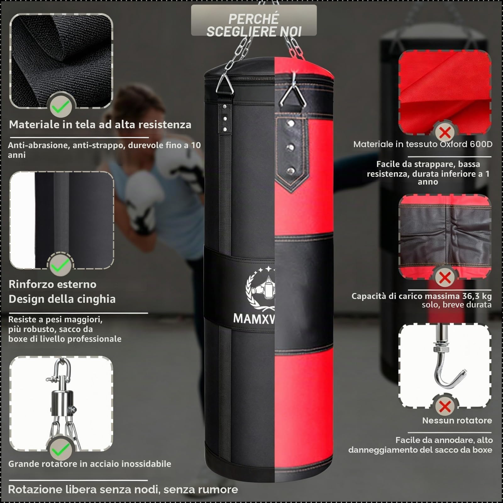 Sacco da Boxe Tela per Adulti 120cm, Pesanti Sacchi Pugilato da Appendere con Rotatore, Non-Riempito Canvas Punching bag Portata Massima 80kg