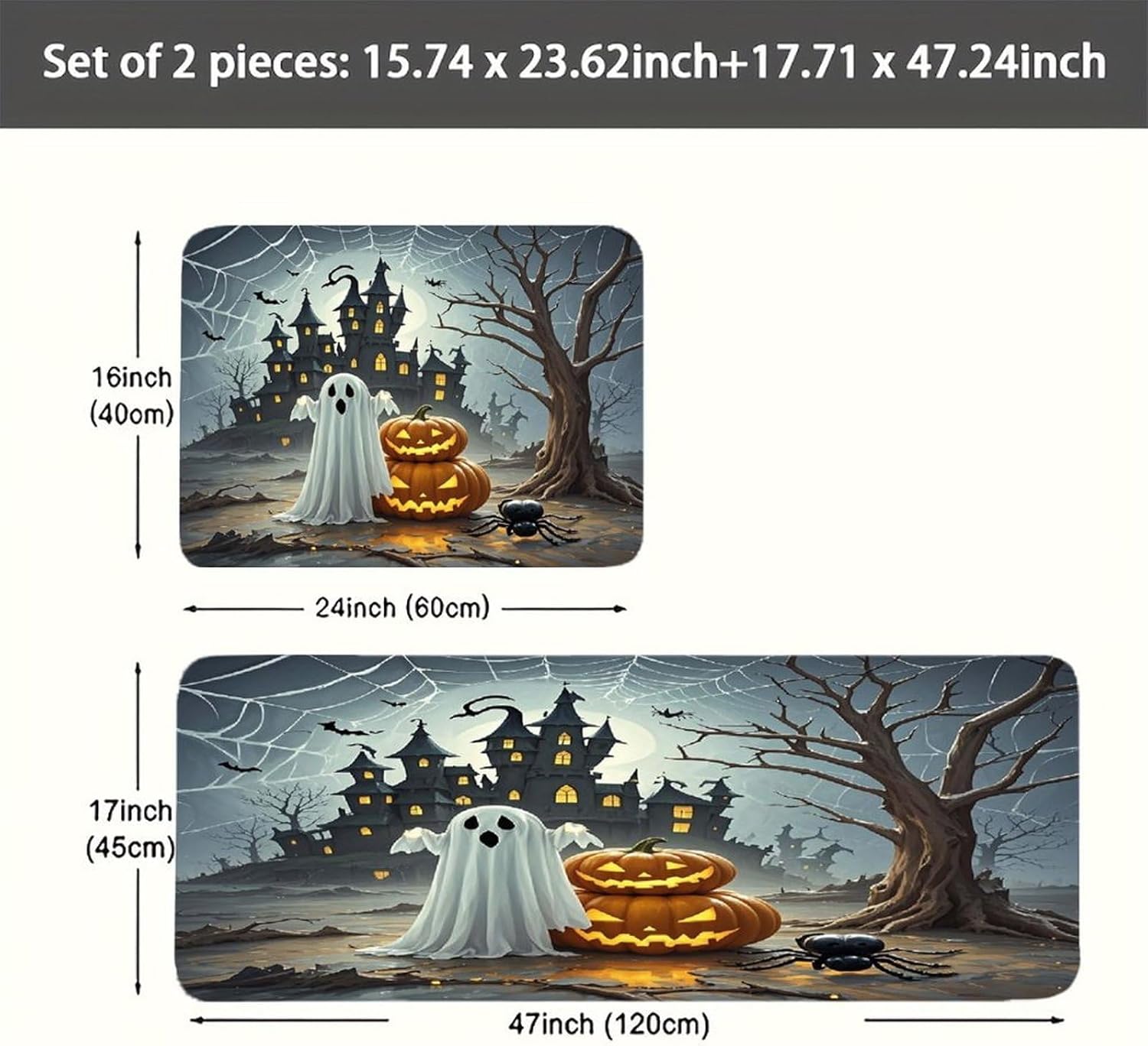 Ghost Pumpkin Castle Kitchen Mat Set of 2 Ergonomic Comfort Velvet Rugs Cushioned Anti-Fatigue Non-Slip Standing Mats Thick Kitchen Floor Mat Carpet Runner Rugs 16"×24"+17"×47"