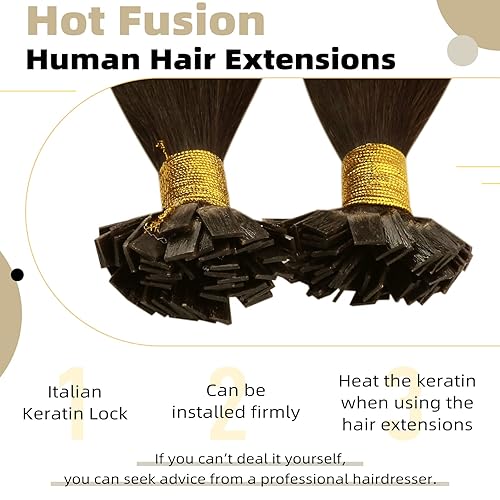 Miniatura 3 de Ugeat Extensiones de cabello con punta plana marrón oscuro, extensiones de cabello humano real, extensiones de cabello humano real, 14 pulgadas,