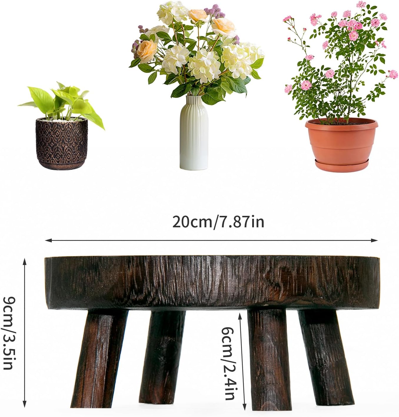 2Pcs Small Wooden Stools for Plants, Wood Stool Plant Stand, 8inch Solid Wood Garden Plant Pot Riser, Mini Round Flower Display Stand Plant Holder Indoor for Home Bonsai Potted Decor (Beige)