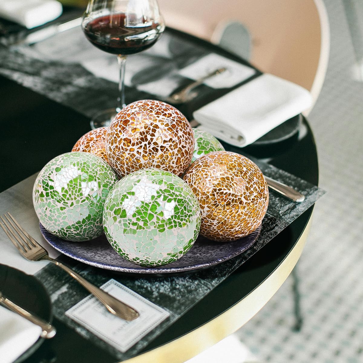 Mosaic Glass Ball 3pcs Decorative Balls for Bowls 3.35inch Gold Orbs Mirror Glass Orb Sphere for Dining Table Centerpiece Vase Living Room Wedding Party Decor