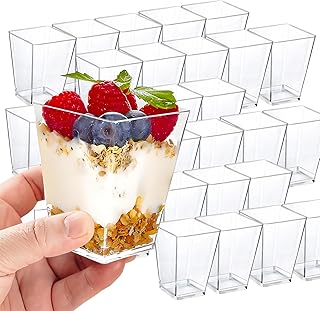 ASSUGO 25 Stück dessertgläser,5OZ/160ML dessertbecher plastik,eisbecher,Wiederverwendbar Quadratischer dessertgläser,für Zuhause dessert, Pudding, Mousse,buffet zubehör