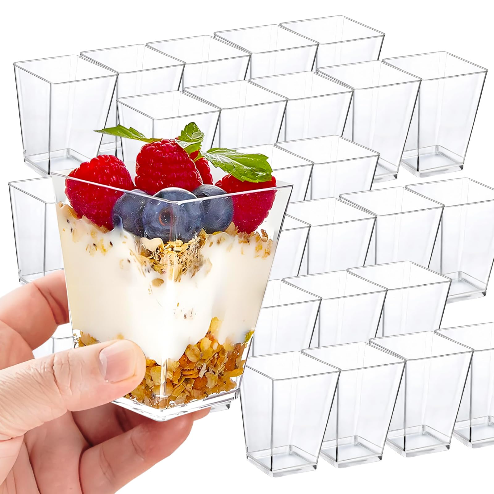 ASSUGO 100 Stück dessertgläser,5OZ/160ML dessertbecher plastik,eisbecher,Wiederverwendbar Quadratischer dessertgläser,für Zuhause dessert, Pudding, Mousse,buffet zubehör