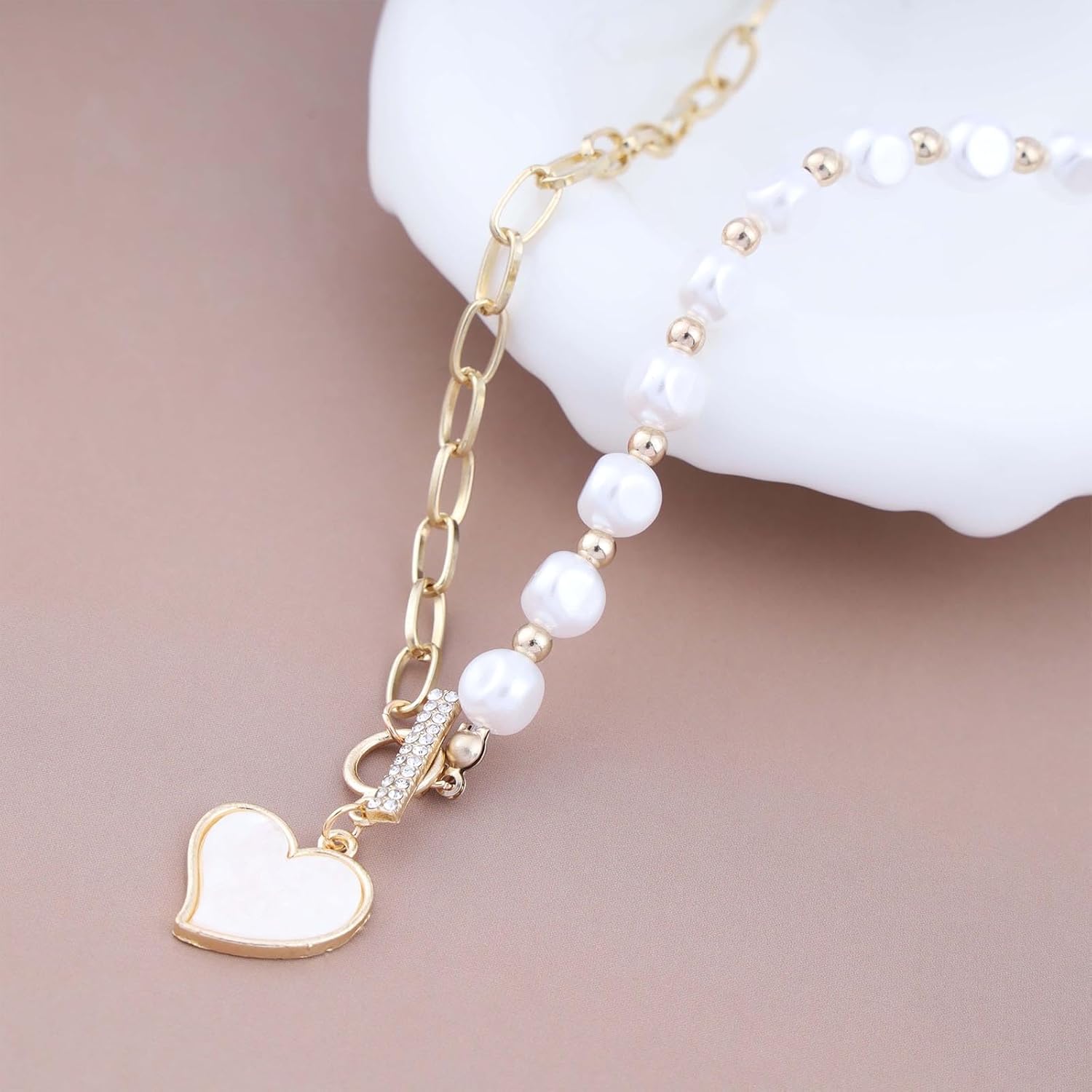 Vintage Fritillary Heart Pendant Necklace Gold Pearl Choker Necklace Crystal T Bar Necklace Punk Pearl Splice Chain Necklace Jewelry for Women - Image 4