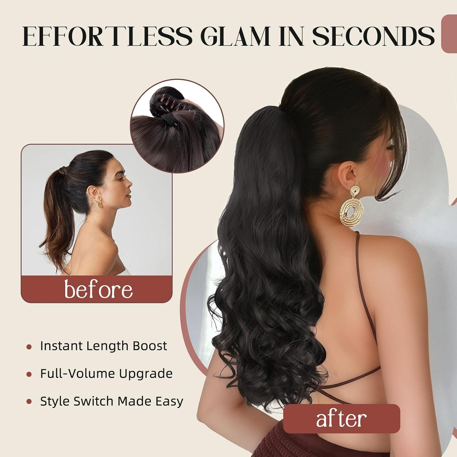 Ponytail Extension, Black Brown 24 Inch Long Claw Clip in Curly Wavy Pony Tails Hair Extensions, Natural Looking Synthetic Hairpiece for Women