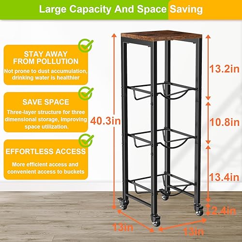 Miniatura 6 de Soporte para botella de agua de 5 galones, estante para jarra de agua de 3 niveles, soporte para jarra de agua con ruedas bloqueables, estante de
