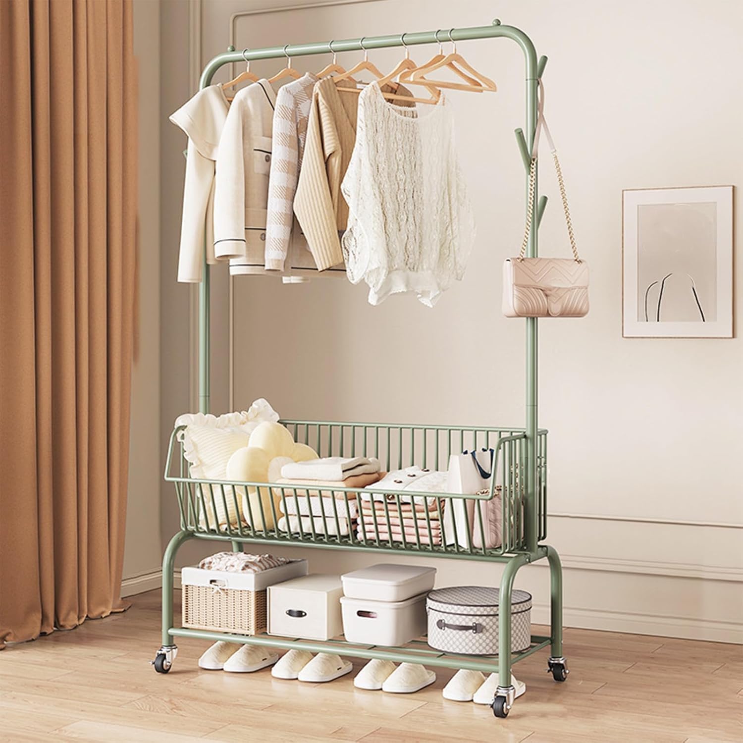 YNBSHGAA Metal Clothing Rack with Shelves Heavy Duty Garment Rack for Hanging Clothes,Green-60cm