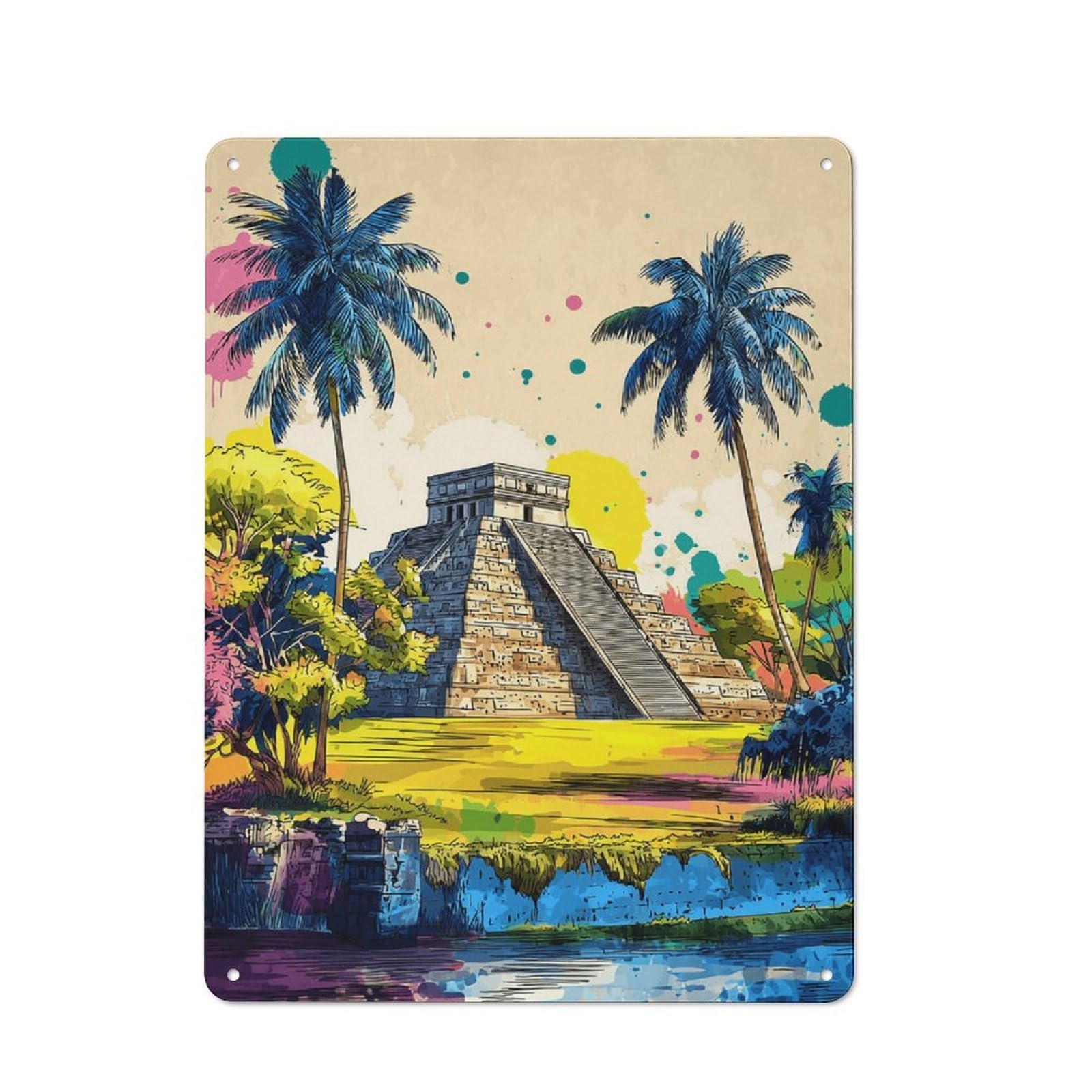 Junmoney Colorful Mayan Pyramid Scene Retro Tin Sign 40X30cm For Workshop Wall, For Home Interiors And Metal Sign Collectors