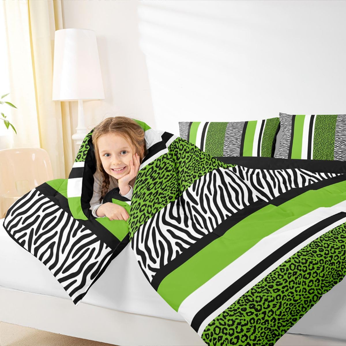Erosebridal Green Cheetah Print Queen Comforter Set for Boys Teen Men,Wild Animal Leopard Bedding Set Black White Safari Zebra Bed Comforter Sets Wildlife Quilt Duvet Set 2 Pillow Cases Bedroom Decor