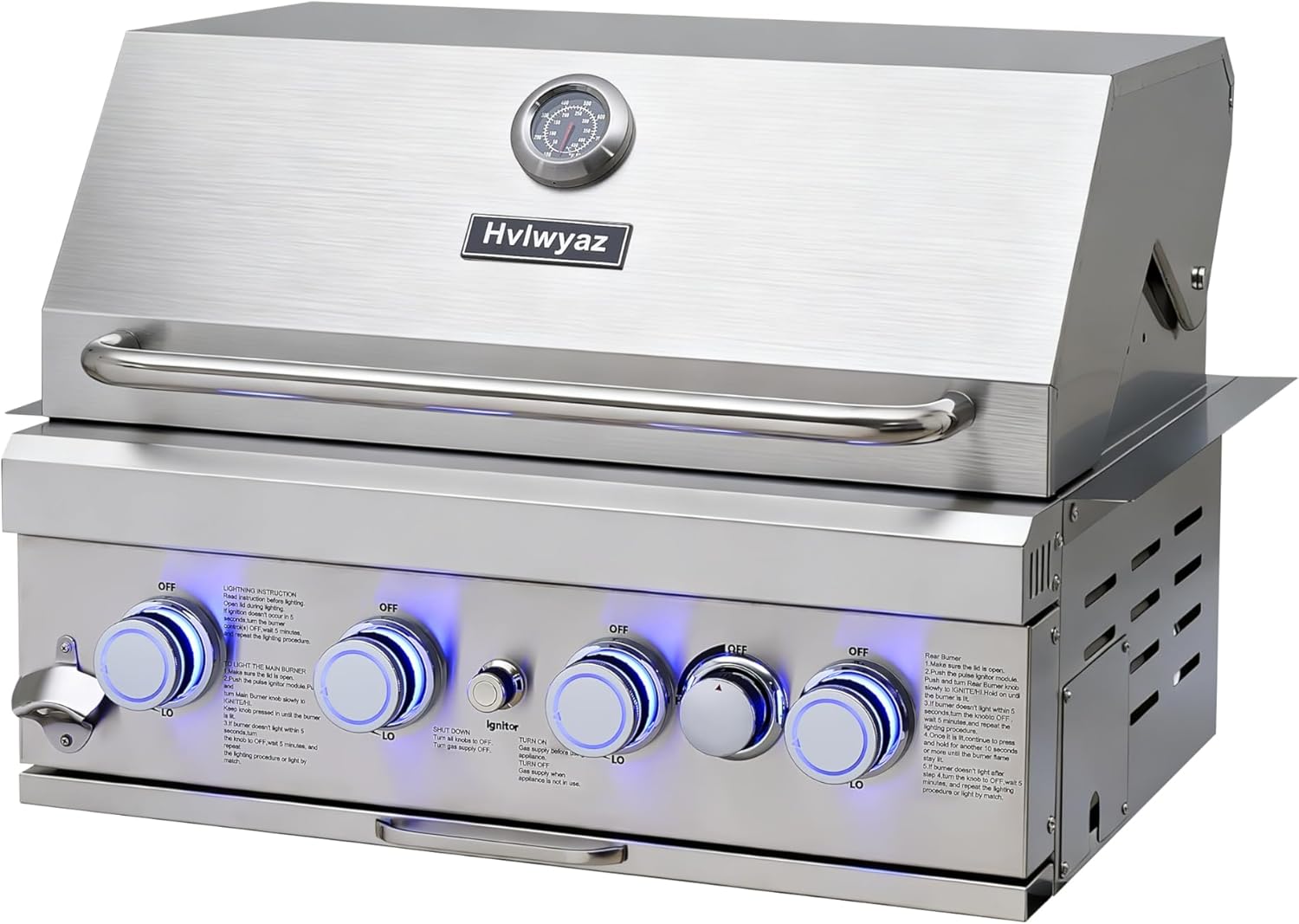 28-inch Built In Gas Grill Outdoor, 4Burner Propane Grill with Rear Burner 48,000BTU, Built-in BBQ Grill Stainless Steel, Charcoal and Propane Gas Dual Fuel, with Rain Cover for Outdoor Kitchen Island