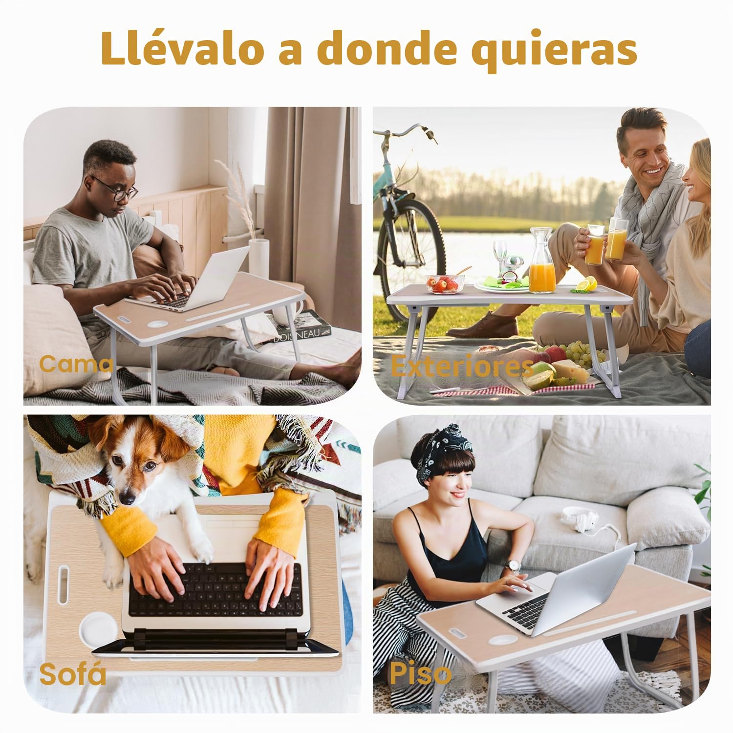 Amaredom Bandeja para Cama, Mesa Plegable de Desayuno, Ideal para Portátil, Ordenador y Libros, Ergonómica, con Cajón de Almacenamiento y Soporte para Tazas - Blanco