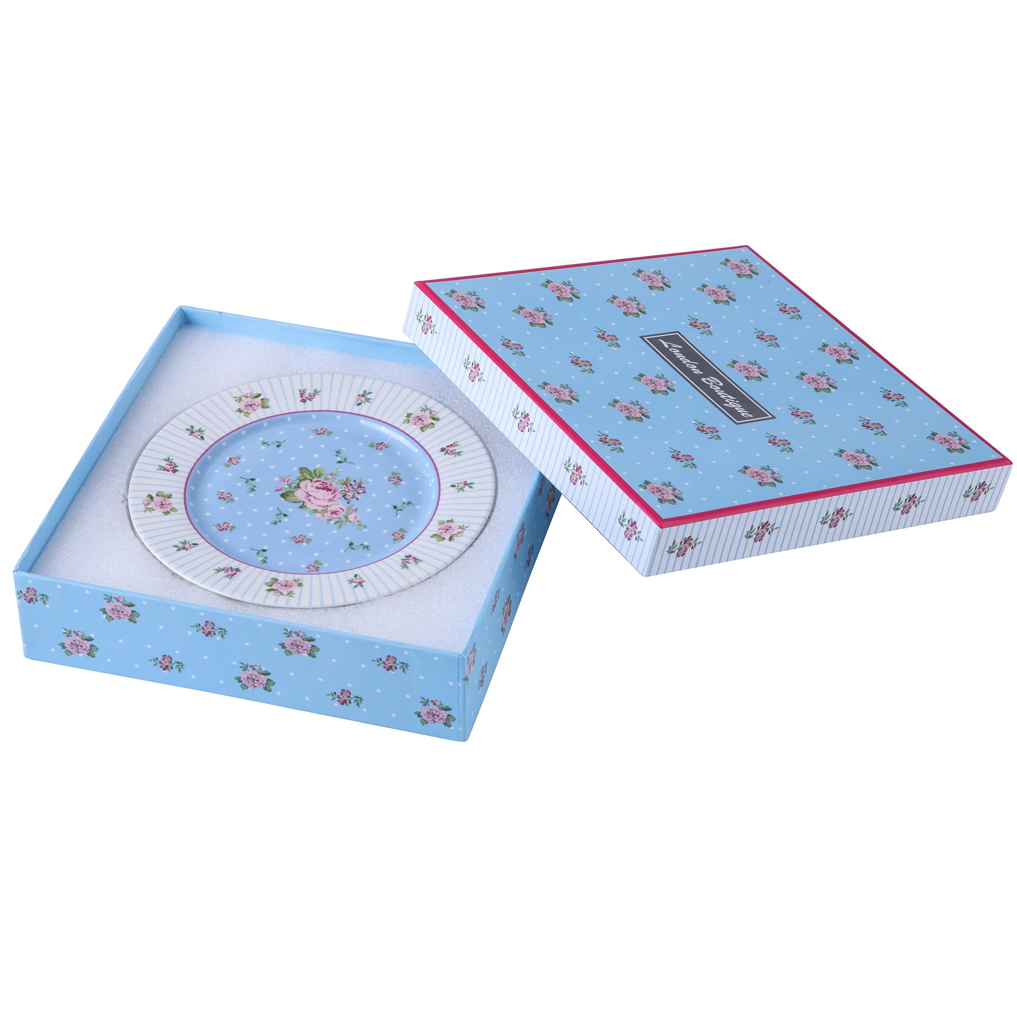 London Boutique Lot de 4 assiettes à gâteau en porcelaine fine à bords larges Style shabby chic Bleu rose, 7.5 inch