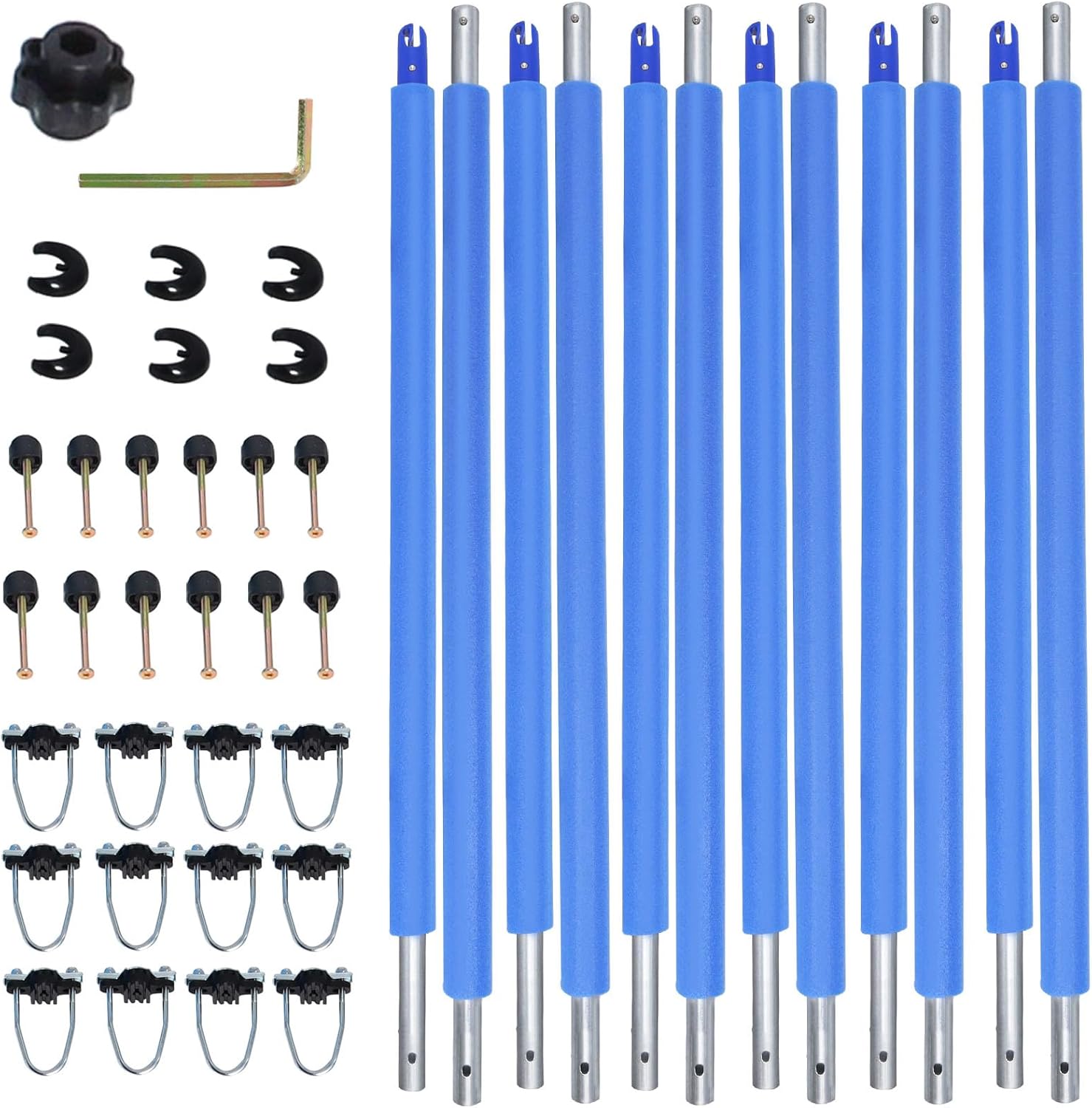 Wadoy Trampoline Poles Replacement Enclosure Poles Kit Universal Fits 6 Straight Poles Round Frame with Clamp and Hardware for 12Ft, 13Ft, 14Ft, 15Ft, 16 Ft Trampolines