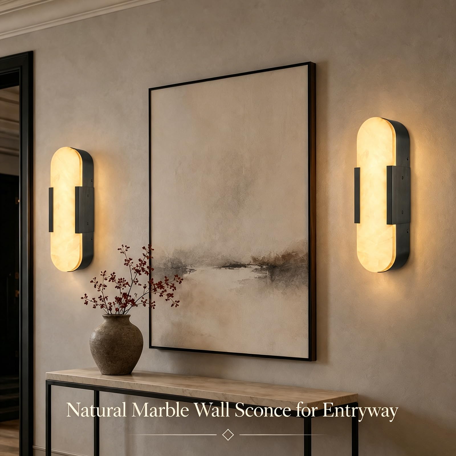 Apliques de pared de mármol natural, juego de 2, 35 cm (13,8"), color alabastro negro, iluminación moderna con cableado fijo para tocador, luz cálida de 3000 K, para baño (13.8inches)