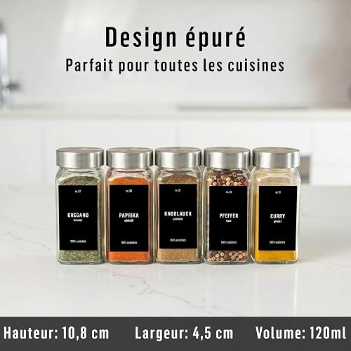 Deco haus® Lot de 24 Bocaux à Épices Carrés Hermétiques [avec Étiquettes & Saupoudreur] - Bocaux en Verre - Pot a Epices en Verre et Bois, Spice Jars - Récipients d'Épices - Pot a Epice - 3