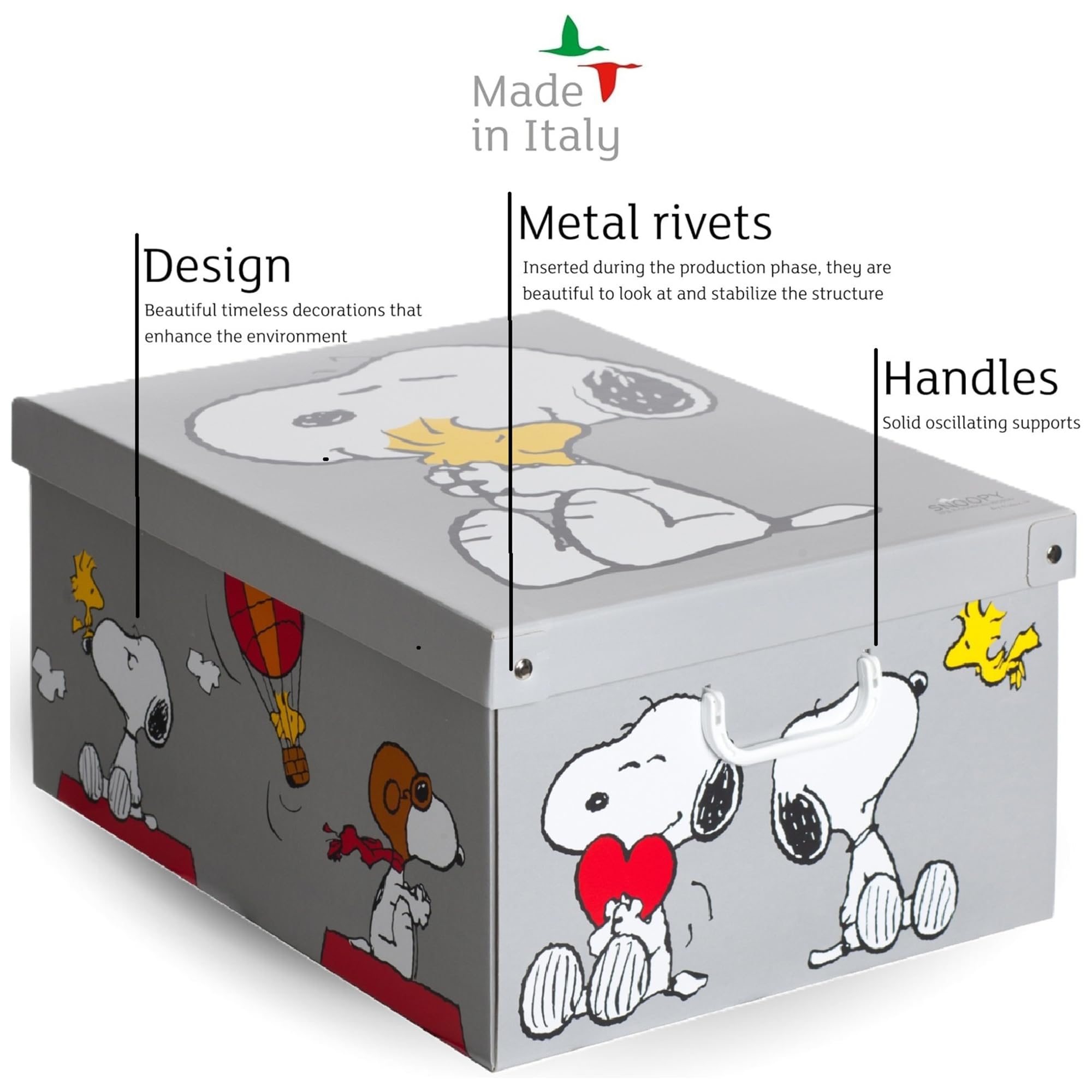 Set aus 6 Aufbewahrungsboxen mit Deckel – Große Kleiderboxen aus Karton 39x50x24 cm – Robust, leicht zu montieren, mit Tragegriffen – Perfekt für Kleiderschrank & Saisonwechsel Snoopy