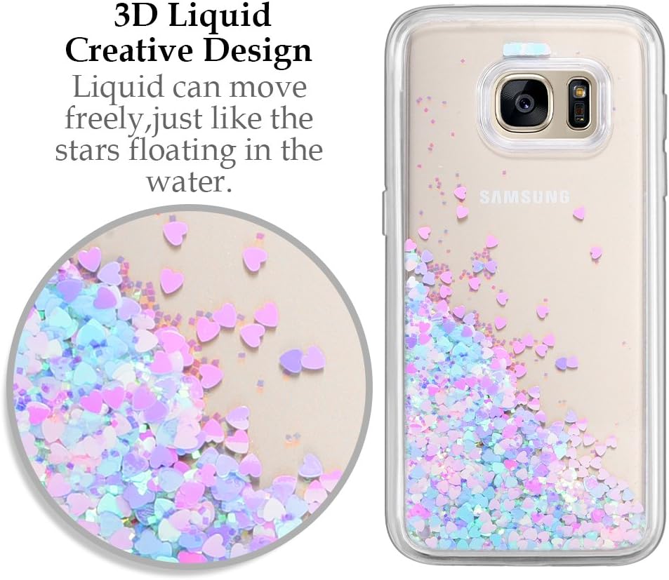 Galaxy S7 Edge Case, Wuloo Samsung Galaxy S7 Edge Soft TPU Case Fashion Creative Design Flowing Liquid Floating Luxury Bling Glitter Sparkle Love Heart Case Cover for Girls Children (PinkBlue)