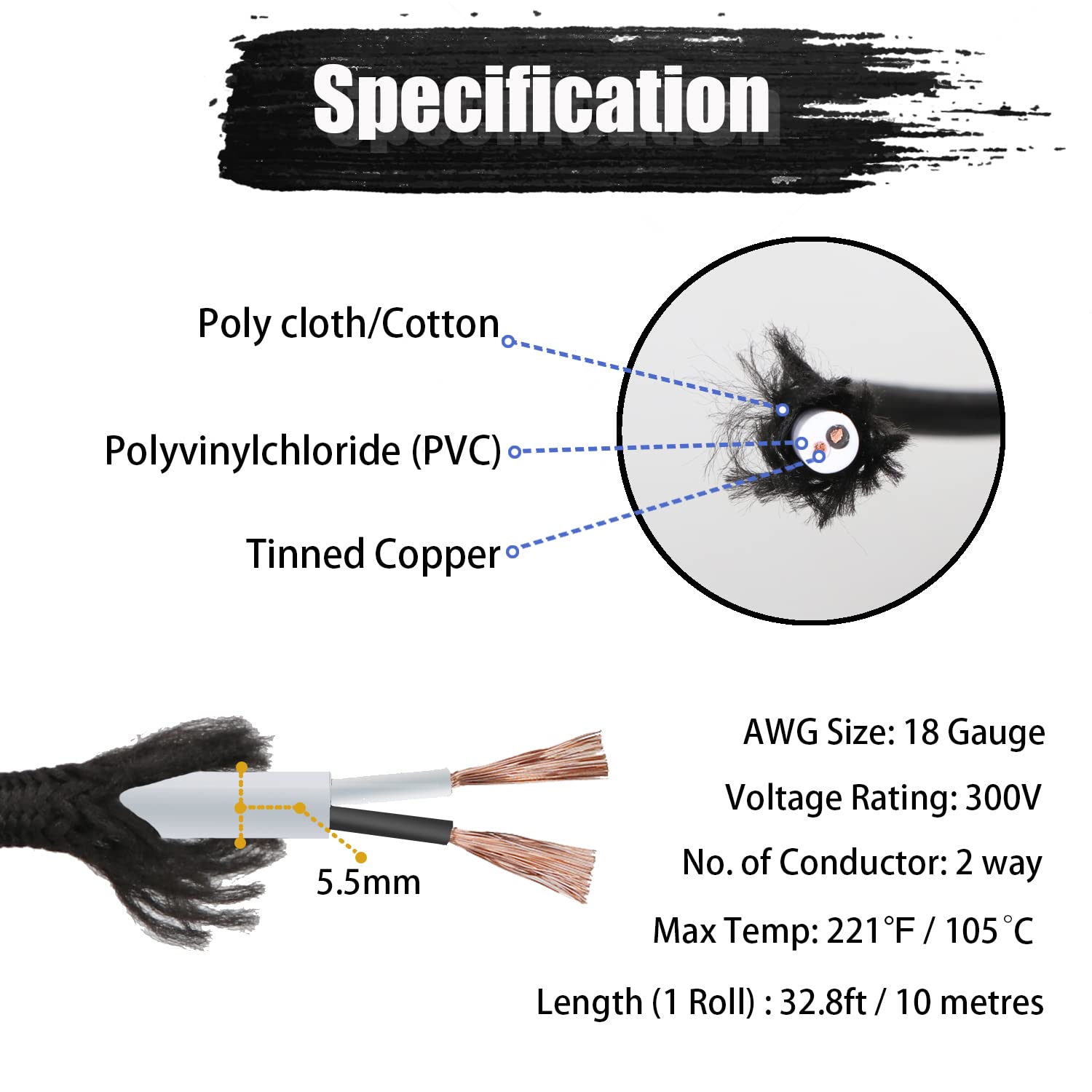 Helunsi 32.8ft Cloth Covered Lamp Cord, 18 AWG 2 Conductor Black Vintage Electrical Cord Braided Electrical Wire, 18 Gauge Round Rayon Fabric Covered Wire for DIY Antique Industrial Lighting Project