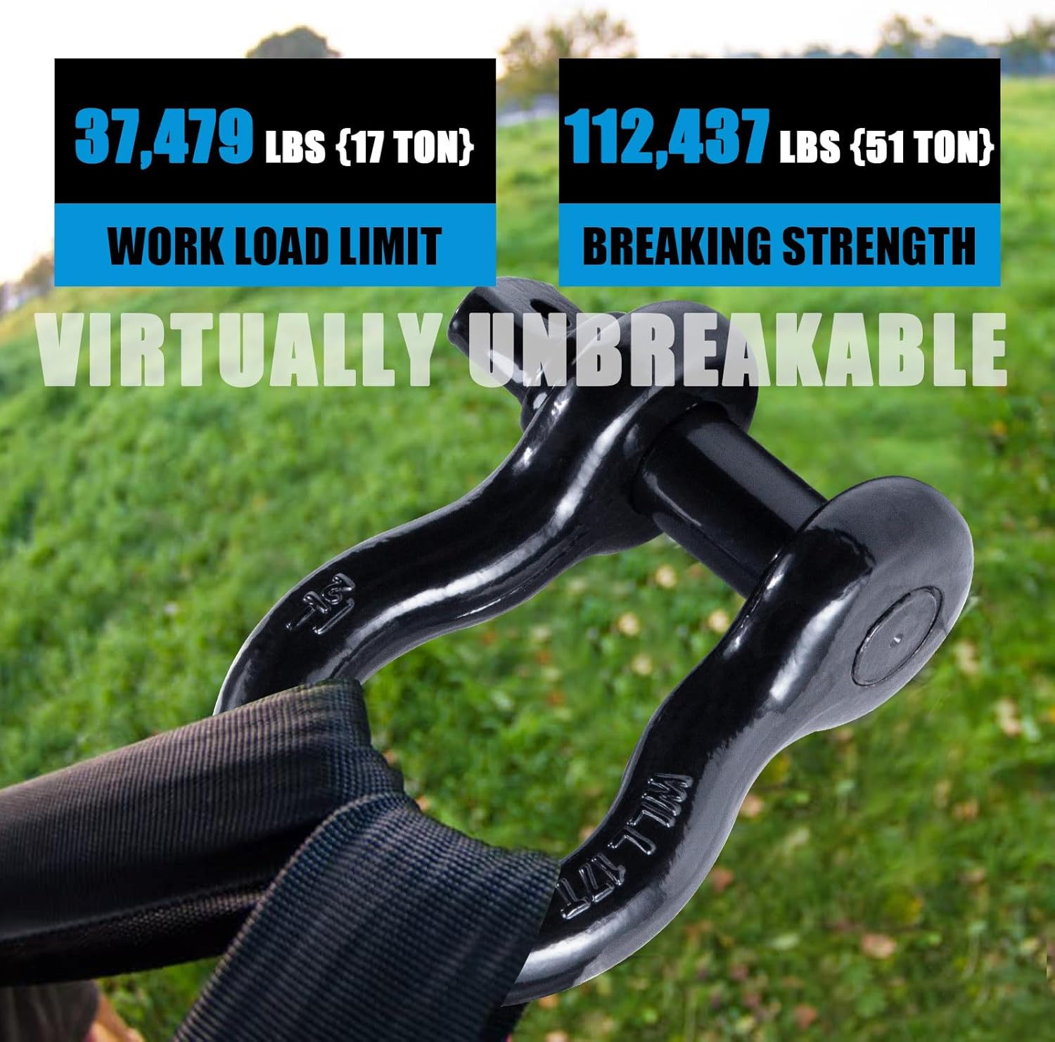 1-1/2" D-Ring Shackle, Heavy Duty Forged Steel Bow Shackles with Alloy Screw Pin, 17 Ton(37,479 lbs) Working Load Limit, Use for Towing, Rigging, Recovery, Pulling and Hoisting