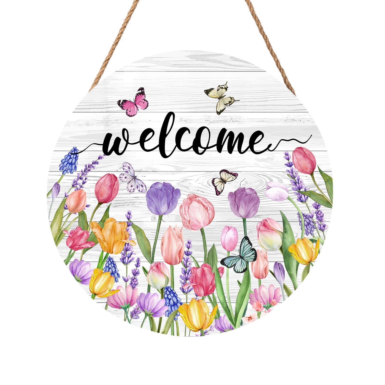 Welcome Spring Summer Tulip Flower Door Sign For Front Door Decor,Floral Butterfly Wooden Sign 12