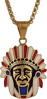 Indian Chief Necklace for Men,Native American Indian Chief Head Necklace with 23.6+1.96" Adjustable Chain