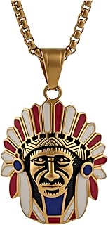 Indian Chief Necklace for Men,Native American Indian Chief Head Necklace with 23.6+1.96" Adjustable Chain
