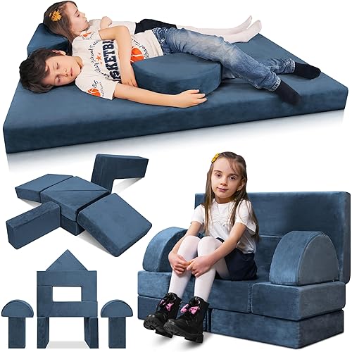 Lunix LX22 11pcs Modular Kids Play Couch, Child Sectional Sofa, Fortplay Bedroom and Playroom Furniture for Toddlers, Convertible Foam and Floor Cushion for Boys and Girls, Blue