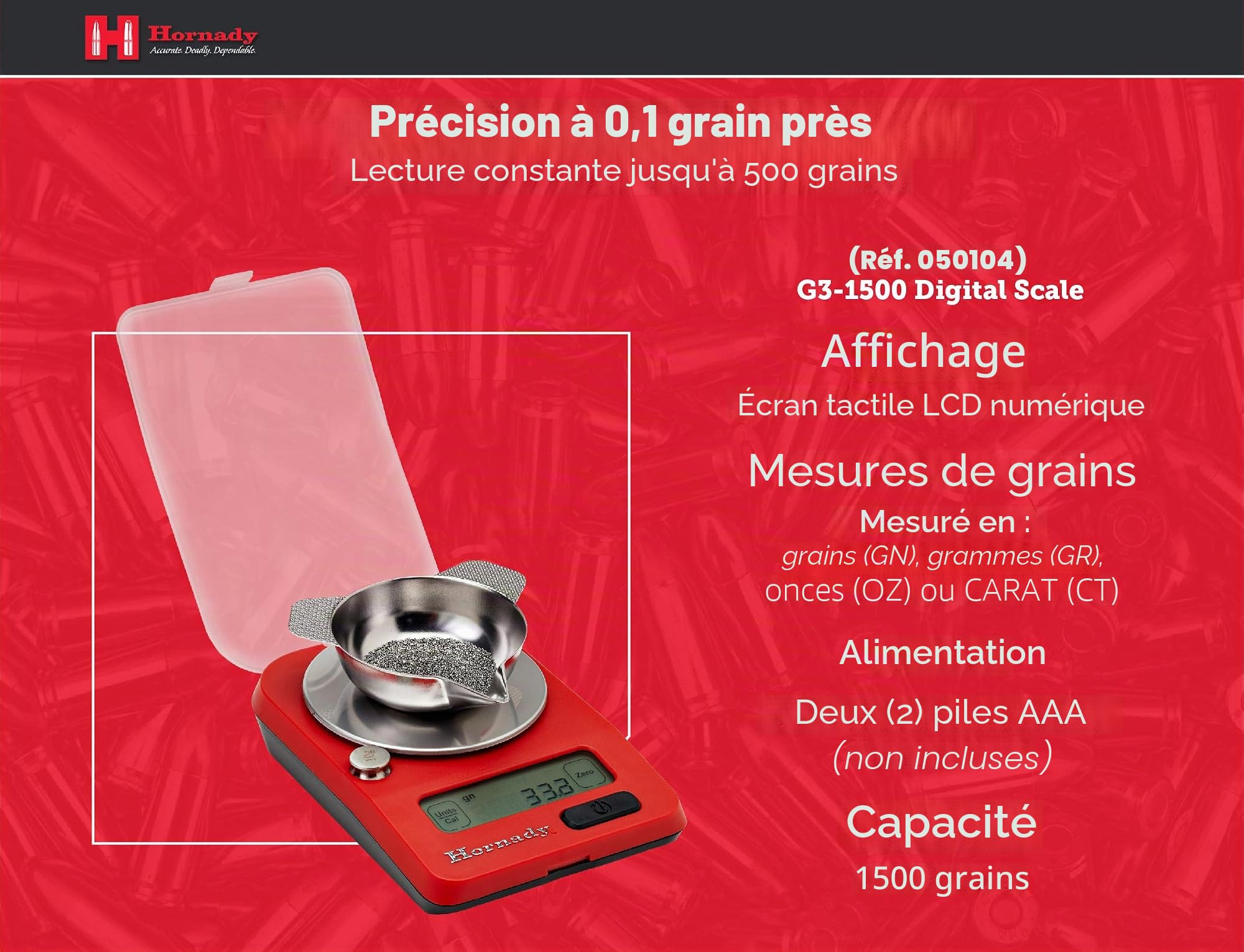 Hornady Balance électronique G3-1500, 050104 – Balance de poche numérique portable à piles pour peser les balles, les étuis, la poudre et plus encore jusqu'à 1500 grains avec une précision de 0,1 et