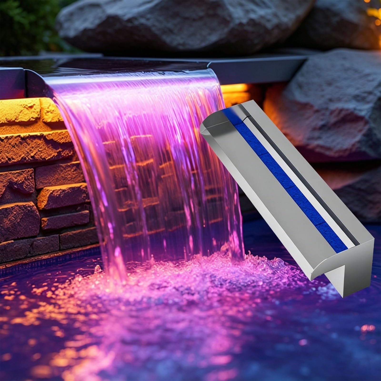 304 Stainless Steel Pond Waterfall Spillway Kit, Wall Recessed Pool Fountain Waterfall for Above Ground Pools/Deck/Garden, Heavy Duty Water Feature Spillway Kit(Silver,32in/81.3cm)
