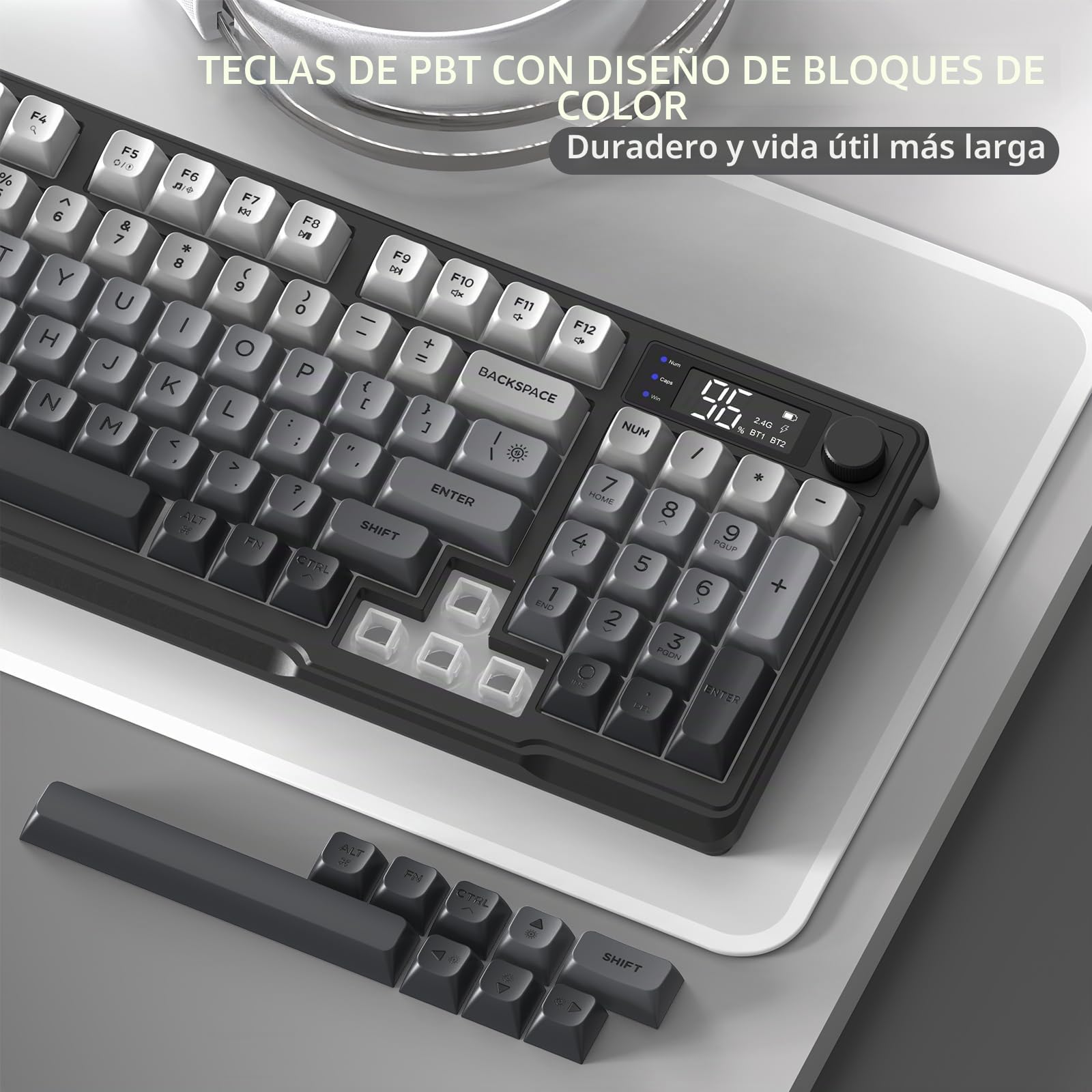 FREEWOLF M96 Teclado Inalámbrico para Juegos, Control De Perilla BT/2.4G Teclado Inalámbrico, Sensación Mecánica, Backlit LED, Pantalla De Visualización, Tecla PBT, 3000 mAh, QWERTY -Negro Degradado
