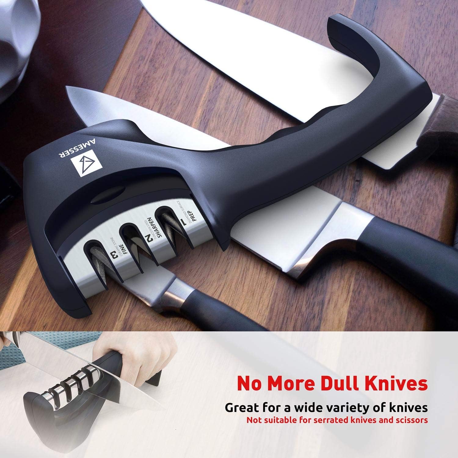 Kitchen Knife Sharpener - 3 Stage Knife Sharpening Tool Sharpens Chef's Knives - Kitchen Accessories Help Repair, Restore and Polish Blades Quickly, Food Safety Cut Resistant Glove Included, Black: Home & Kitchen